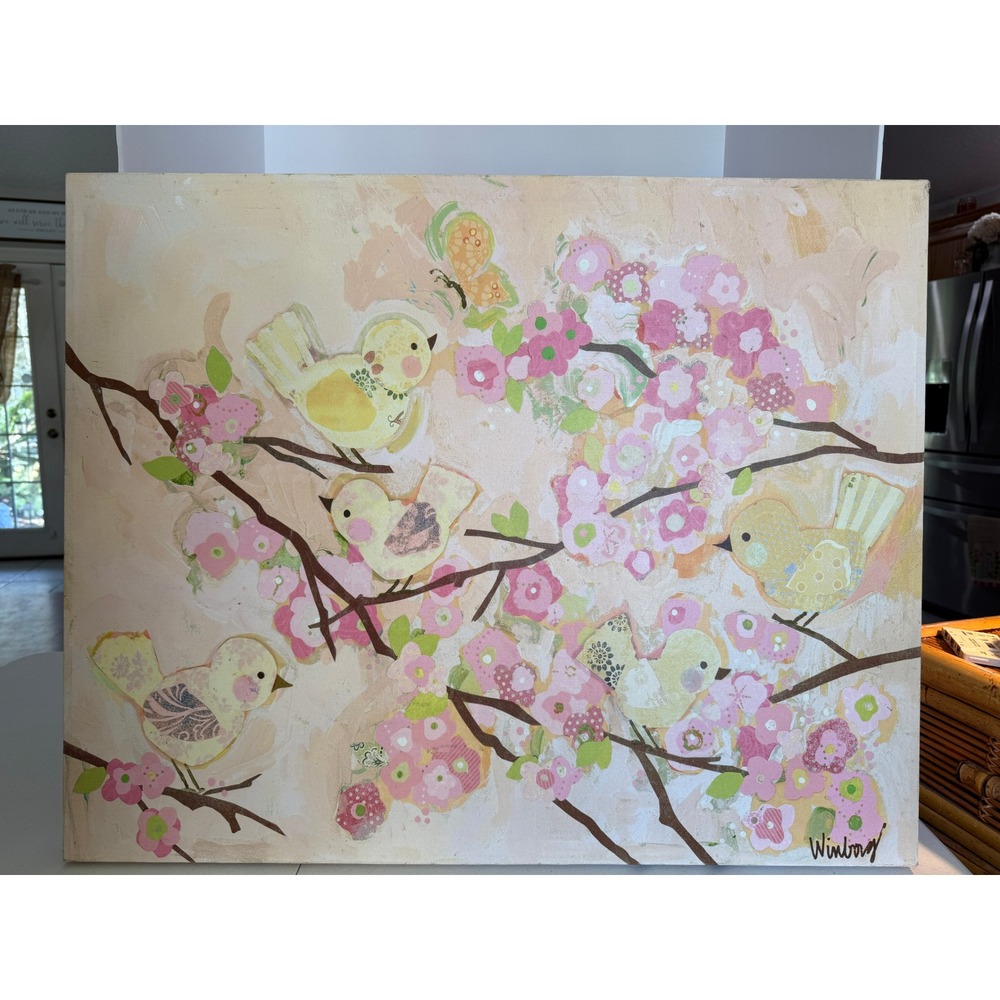 Sweet Bird & Floral Canvas Wall Art –‎ Soft Pastel Nursery or Playroom Decor